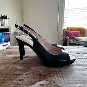 Black Patent Slingback Peep Toe Heels with Adjustable Buckle Strap, Size 8.5M
